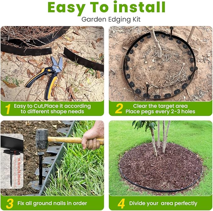 Landscape Edging 2 Inch Tall 100 FT, Garden Edging Coil with 120pcs Spikes, Edging Border Coil for Landscaping, Flower Beds, Lawn, and Yard - Black