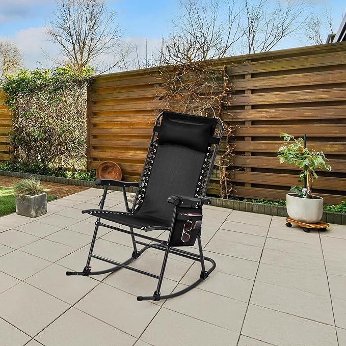Yaheetech 26in Rocking Chair Outdoor Zero Gravity Folding Chairs Rocking Chairs Foldable Outdoor Lounge Chair for Outside Lawn with Phone Holder/Pillow Ergonomic Design for Rest, Black, Set of 2