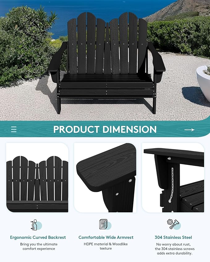 SERWALL 3 Pieces Patio Adirondack Bench Set, 2 Folding Adirondack Bench & 1 Coffee Table with Umbrella Hole Set for Front Porch Garden Balcony Backyard, Black