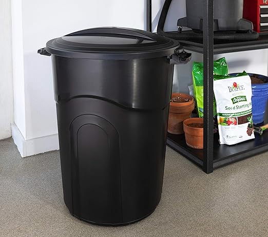 United Solutions 32 Gallon Outdoor Waste Garbage Bin, Easy to Carry Pass-Through Handles & Attachable Click Lock Lid, Black