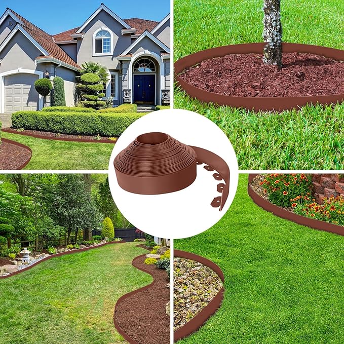 4-Inch x 50 FT Landscape Edging Border with 75 Spikes, Garden Edging Lawn Border Kit, Plastic Edging Border Flexible for Garden Flower Beds Lawn Yard Pathway Paver Edging (Brown)