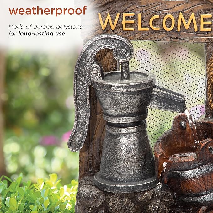 Alpine Corporation ZEN576S Outdoor Rustic Design Water Pump and Barrel Floor Fountain - Welcome Sign, 24 Inch Tall, Brown