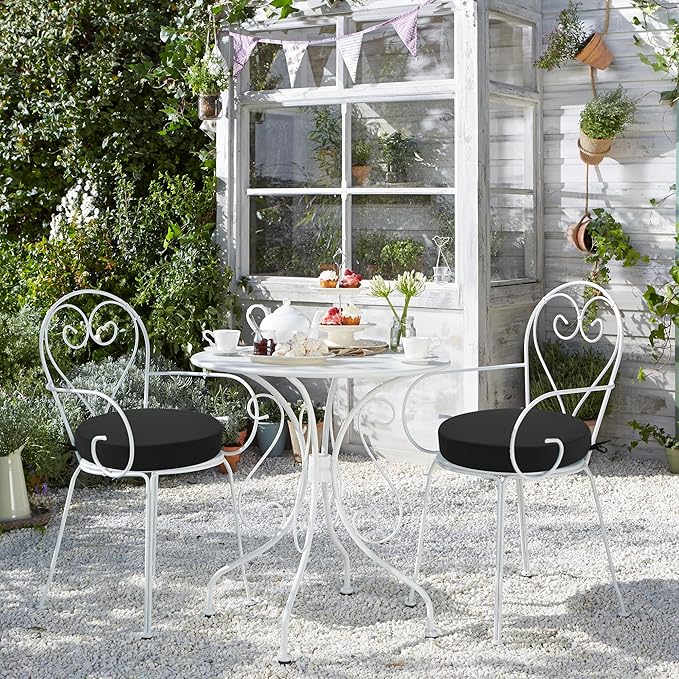 Outdoor Bistro Chair Cushions Set of 2, 15" D x 3" H Round Chair Cushions Waterproof and Fade Resistant Chair Cushion Pads with Non-Slip Ties and Removable Covers for Garden, Black