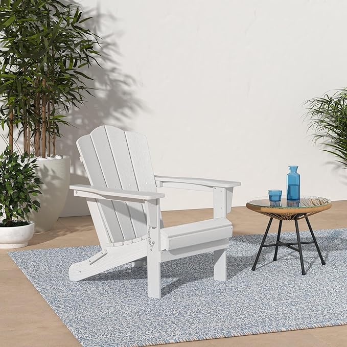 KINGYES Folding Adirondack Chair, HDPE All-Weather Patio Chairs, Wooden Textured Lawn Chair for Poolside, Backyard, Deck, Fire Pit, White