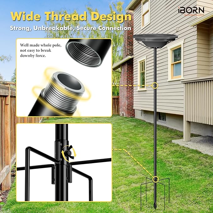 iBorn Bird Bath for Outside,36″ Freestanding Bird Bath with 3 Adjustable Height Pole,12″ BPA-Free Plastic Bowl,5-Prongs Base,Metal Pole and Plastic Birds Baths Bowl,Gray,1 Pack（Not Include Fountain）