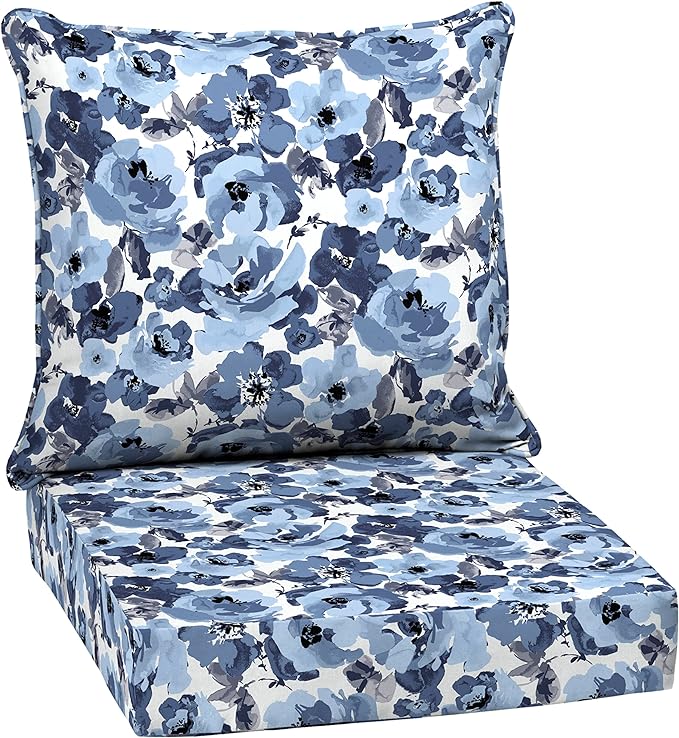 Arden Outdoor Deep Seat Cushion Set, 24 in x 24 in, Weather-Proof, Rain-Proof, Fade Resistant Patio Cushion for Chair, Sofa, and Couch Blue Garden Floral