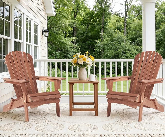 SoliWood Outdoor Wooden Folding Adirondack Chair Set of 2 with Pre-Assembled BackRest, Wood Patio Chair for Garden Backyard Porch Pool Deck Firepit