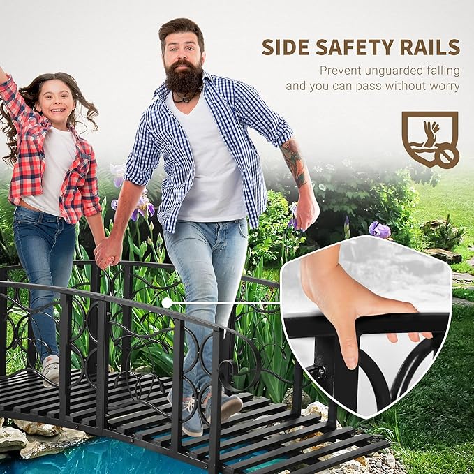 Outsunny 6' Metal Arch Backyard Garden Bridge with 660 lbs. Weight Capacity, Safety Siderails, Vine Motifs, Easy Assembly for Backyard Creek, Stream, Pond, Black