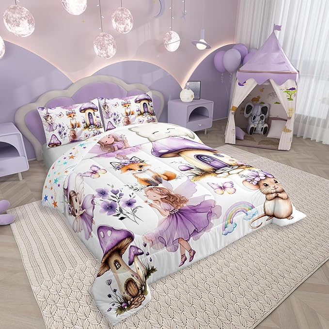 Erosebridal Purple Fairy Full Bedding Set - Mushroom Floral Butterfly Comforter Set for Girls Kids, Whimsical Fairies Garden Quilt | Flower Forest Theme Bedroom Decor with 2 Pillowcases