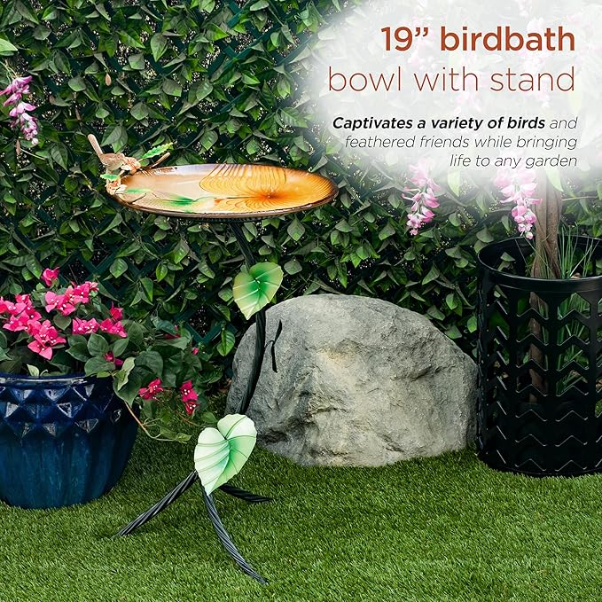 Alpine Corporation 32" H Outdoor Metal Birdbath w/Stylish Stand, Hummingbird Birdbath Bowl and Stand Set, Yellow/Gray