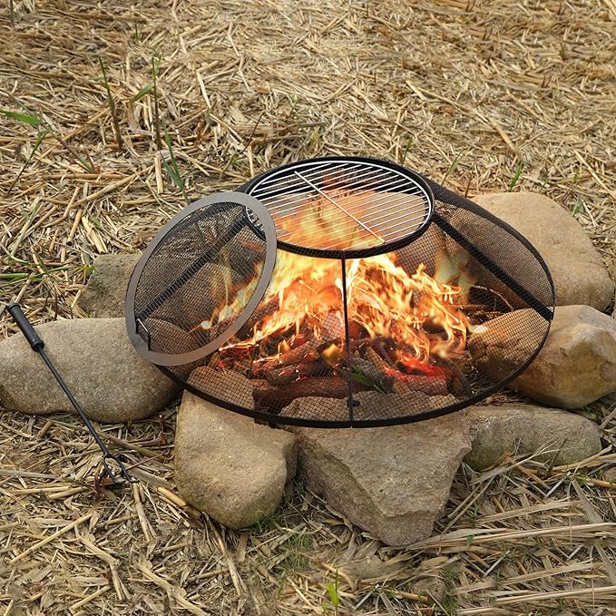 REDCAMP Fire Pit Spark Screen 36 Inch Round with Removable Lid, Outdoor Heavy Duty Fire Pit Screen Mesh Firepit Screen Cover with Handle & Poker for Patio Backyard Beach