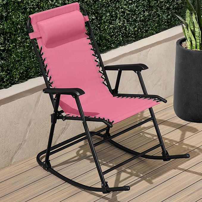 Best Choice Products Outdoor Folding Rocking Chair, Zero Gravity Lounge Chair, Patio Rocker w/Headrest Pillow - Pink