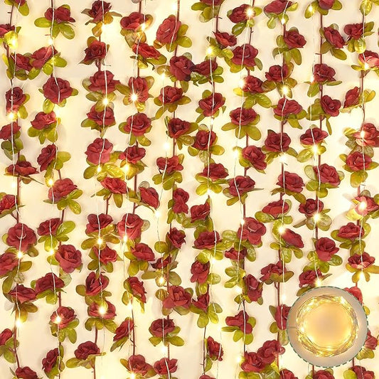 BLEUM CADE 5Pcs 41Ft Flowers Garland Artificial Rose Vines with 32.8Ft String Lights, Cute Fake Hanging Flower Vines Floral Garland Decorations for Wedding Party Wall Room Decor Aesthetic