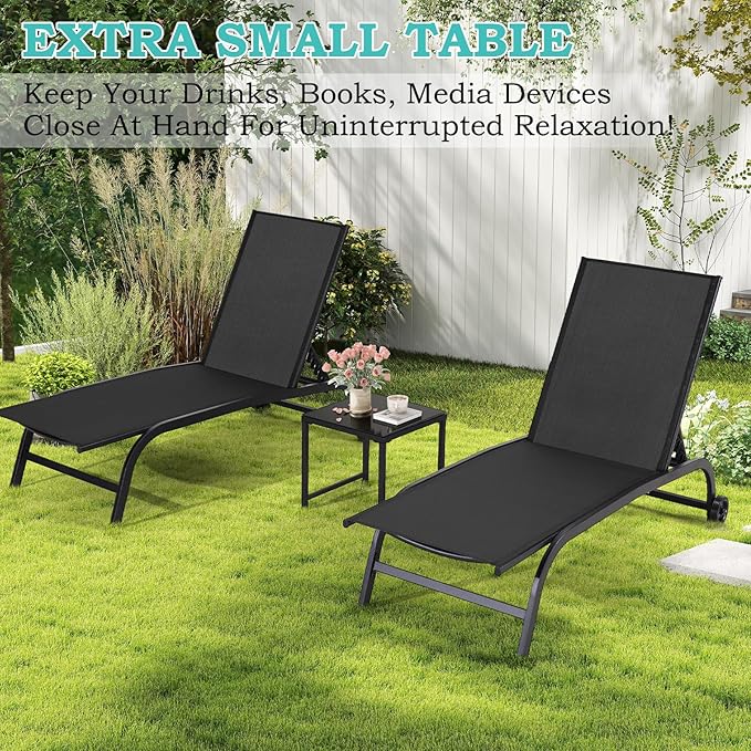 EROMMY Patio Chaise Lounge Chair Set of 2 with Table, Adjustable Backrest & Wheels, Oversized 26" W Outdoor Poolside Recliners for Garden, Deck, Lawn, Backyard