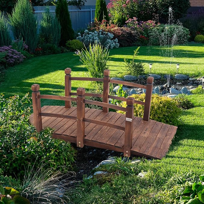 5 ft Garden Bridge, Stained Wooden Arch Walkway with Safety Railings. Perfect for Ponds, Creek Beds and Wedding Decor. Rustic Landscaping Accent Piece