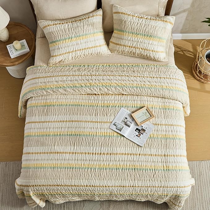 Wonderful 100% Cotton Quilt Set Queen Size Striped Fall Bedding, Natural Dyed Cozy & Breathable Coverlet, Soft Pre-Washed Bedspread (Light Yellow/Green)