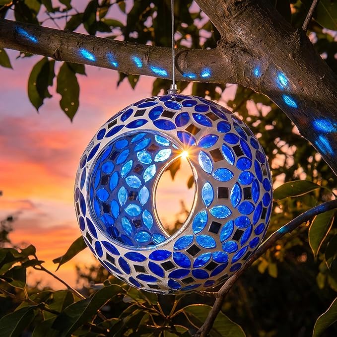 Sunnydaze 6-Inch Glass Mosaic Hanging Bird Feeder for Outdoors - Fly-Through Wild Bird Feeder - Lavender Mosaic