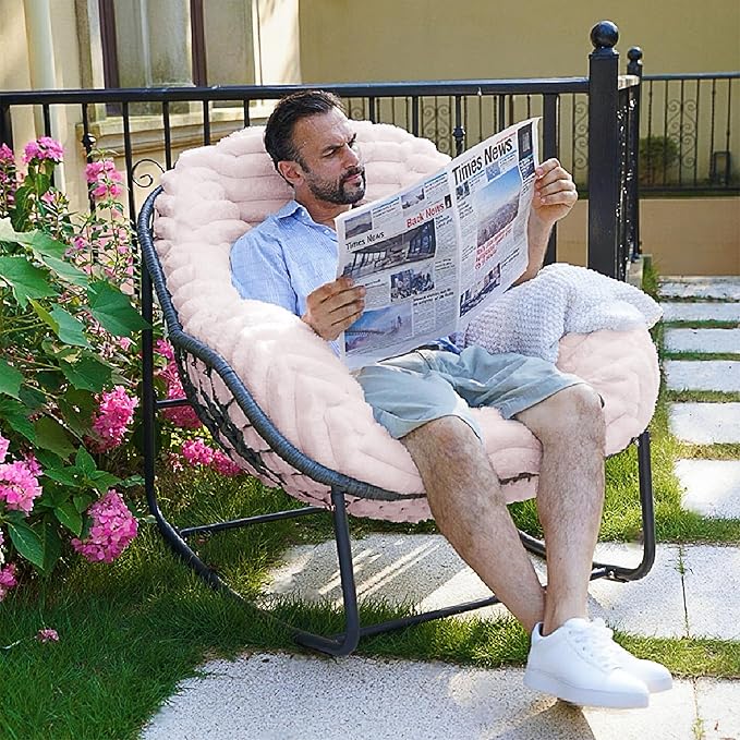 Outdoor Rocking Chair, Patio Wicker Egg Chair, Indoor Comfy Oversized Papasan Chair with Padded Cushion, Royal Rattan Rocker for Front Porch, Garden, Patio (Pink)