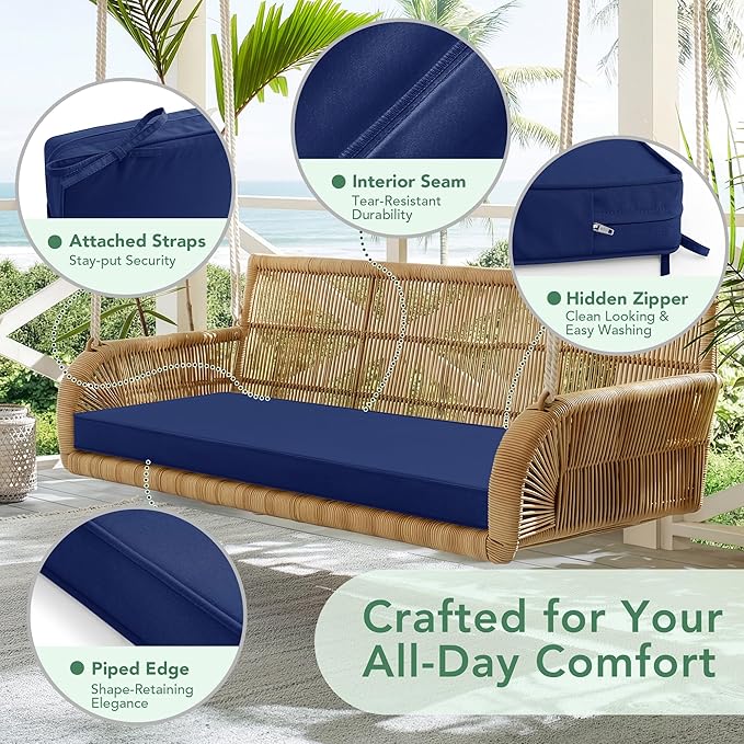 Outdoor Bench Cushion: Waterproof and Fade Resistant Patio Furniture Cushions - Non-Slip Bench Pad Cushion with Removable Cover for Garden Swing Porch Sofa Settee, 59 x 18 Inch, Navy Blue