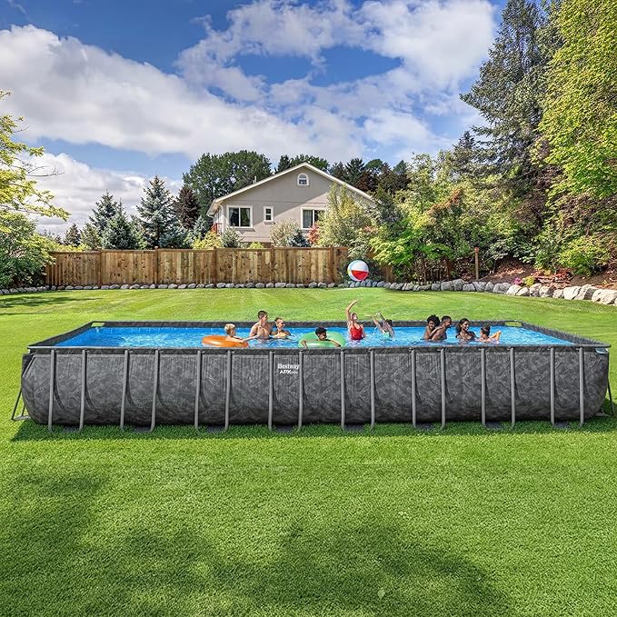 Bestway APX 365 31’4" x 16' x 52” Above Ground Pool, Rectangular Metal Frame Outdoor Swimming Pool Set with Sand Filter Pump, Ladder, and Cover, Dark Marble