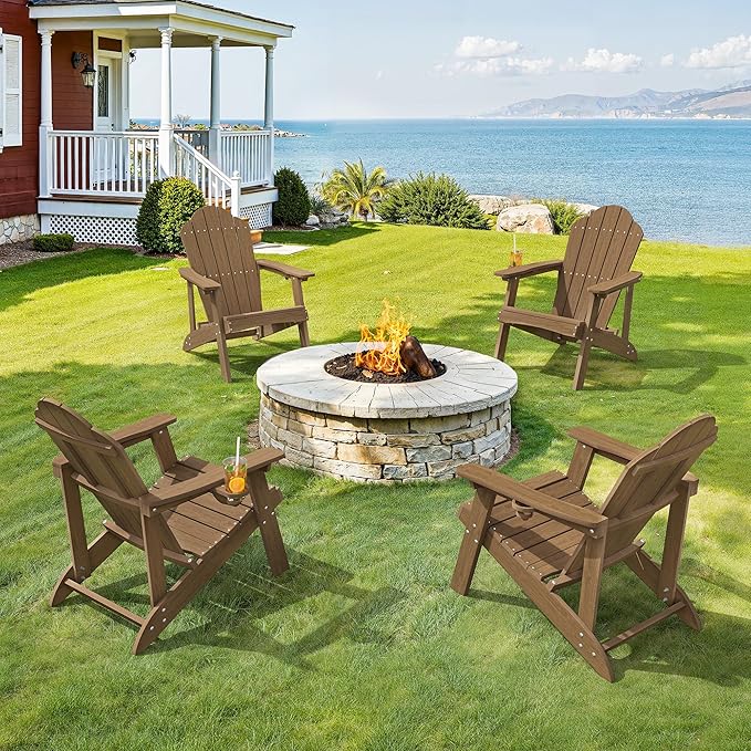 LUE BONA Wood-Grain HDPE Adirondack Chairs Set of 2 - Weather Resistant Seating with Cup Holder for Porch, Cabin, Deck & Fire Pit, Brown