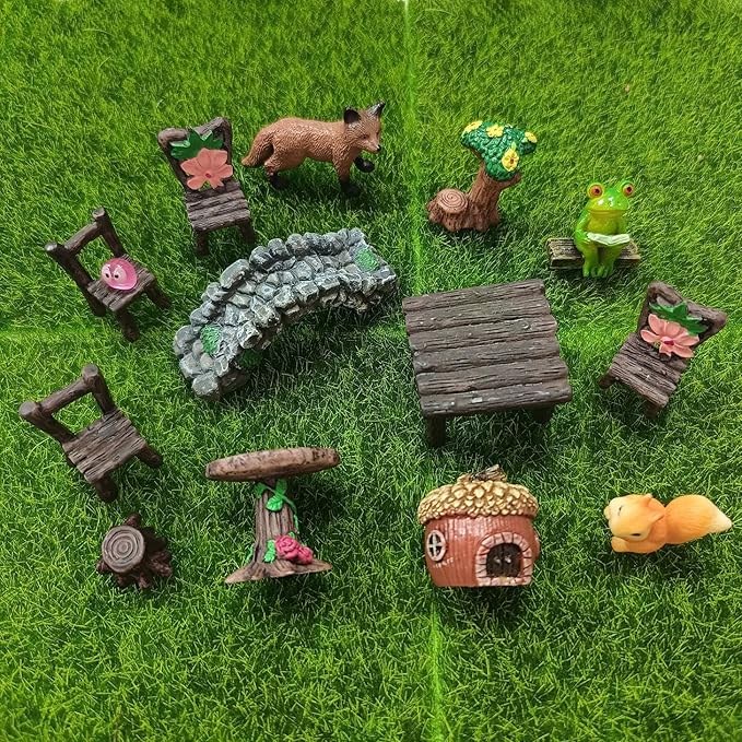 44 Pcs Fairy Garden Accessories, Miniature Table and Chairs Set, Miniature Figurines Mini Resin Animals House Bridge for Micro Landscape Potted Plant Terrarium Decor DIY Craft Gift