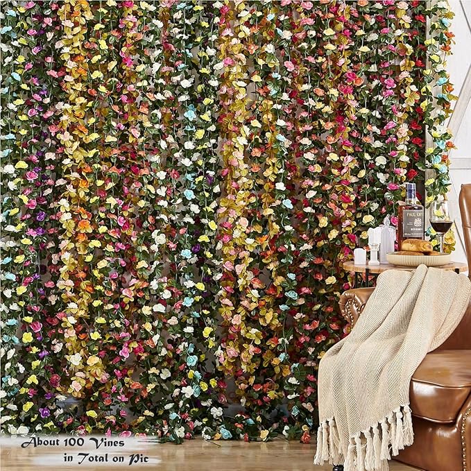 6 Pcs x 8.2 ft Flower Garland Artificial Rose Vine Flowers with Green Leaves Hanging Fake Roses Vine for Room Party Home Wedding Birthday Christmas Wall Arch Decor, Pink Champagne Flower