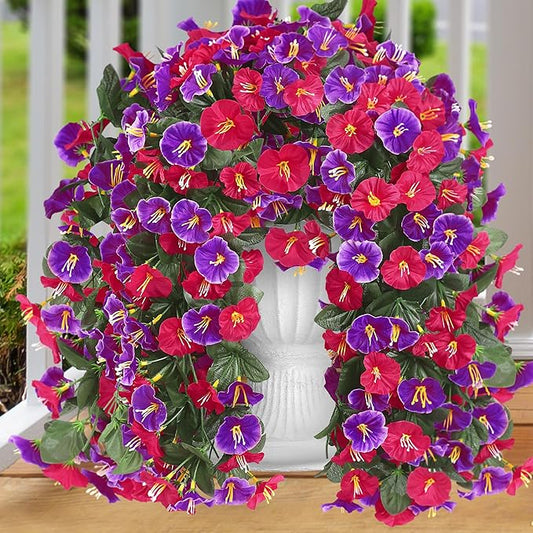 Artificial Fake Hanging Flowers Plants for Outdoor Outside Spring Summer Decoration 2PCS Faux Silk UV Resistant Realistic Morning Glory Trailing Vines for Home Porch Patio Balcony(Rose red & Magenta)