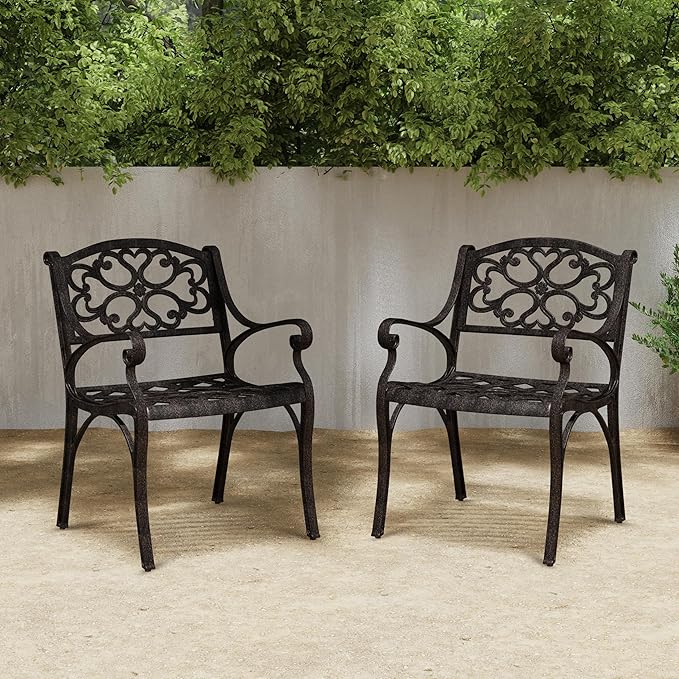 Homestyles Outdoor Cast Aluminum Chairs, 2-Pcs Set, Bronze (Set of 2) with Armrest, Patio Dining Chair Pair for Balcony, Backyard, Deck, Garden