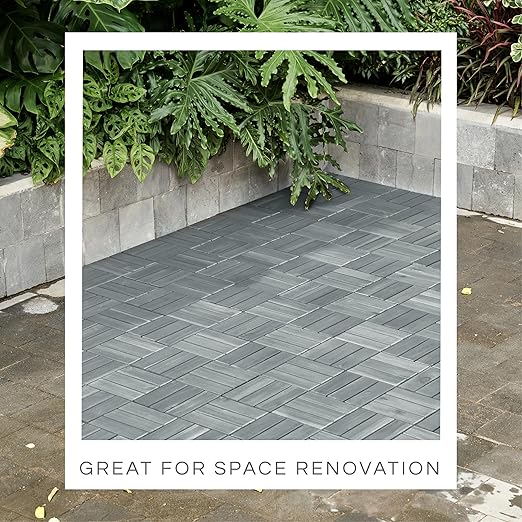 10 Pcs Deck Tiles, Patio Flooring - Outdoor Waterproof Acacia Wood Tiles for All Weather Use - Balcony, Backyard, Indoor & Outdoor (Grey Crossed Pattern, 10 Square Ft)