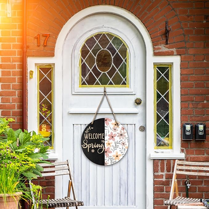 Spring Hanging Decor For Front Door, Watercolor Flowers Welcome Spring Round Sign Decor For Farmhouse Home Yard Porch, Hello Spring Decorations, Spring Wall Plaque Gifts For Friends Family -01