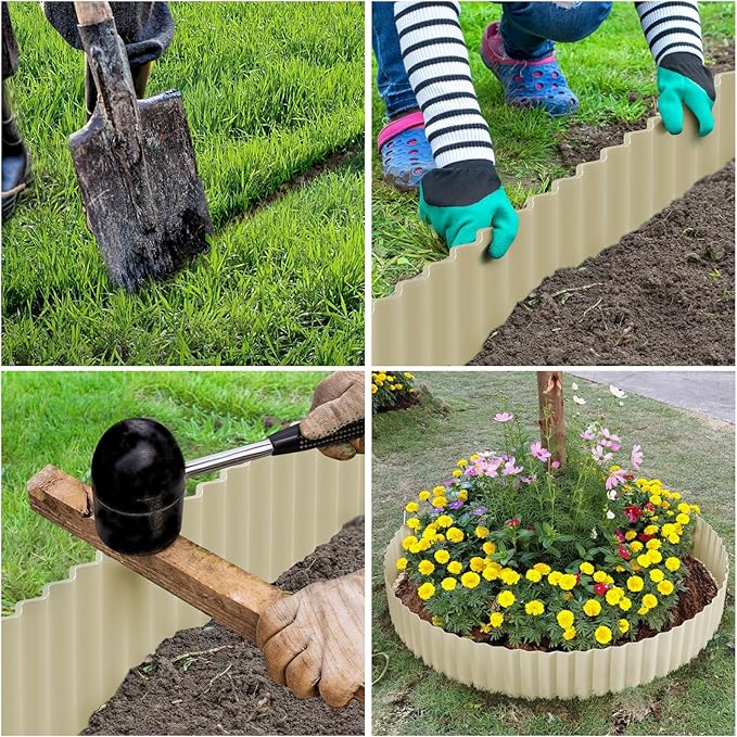 Corrugated Metal Garden Edging 8" x 20Ft, Landscape Edging Border for Lawn, Flower Bed, Garden Fence, Paver Edging (Cream)