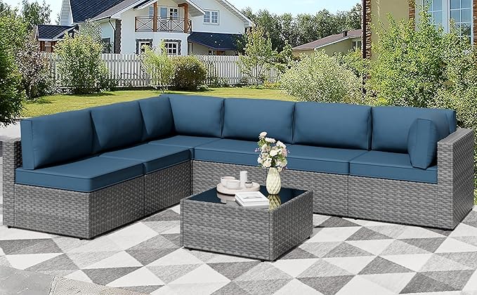 Shintenchi 7 Pieces Outdoor Patio Furniture Sets, Patio Sectional Sofa Couch, Silver Gray PE Wicker Furniture Modular Patio Conversation Sets Patio Sofa with Washable Cushions & Coffee Table (Blue)