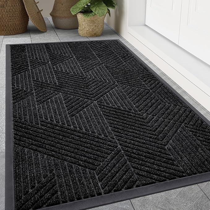 Smiry Front Door Mat Outside Entrance, Heavy Duty Sturdy Natural Rubber Doormat, Trap Dirt and Moisture, Easy Clean Low Profile Mats for Indoor Outdoor Entry, Irregular Triangle (47x32, Black)