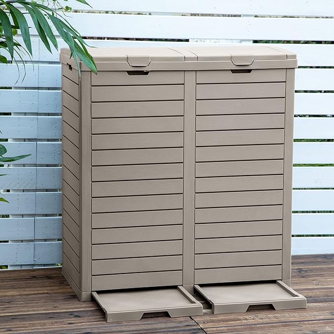 DWVO Outdoor Large Resin Trash Can, 76 Gallon Classified Hideaway Garbage Bins with Dual Lid and Drip Trays for Porch, Backyard, Deck, Patio, Poolside, Easy to Clean, 248 Quart, Taupe