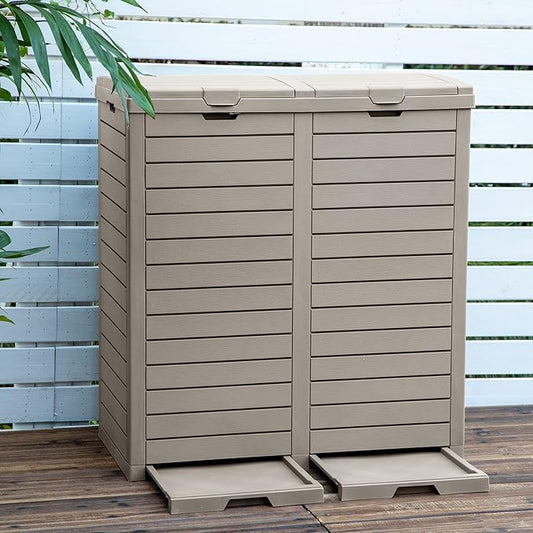 DWVO Outdoor Large Resin Trash Can, 76 Gallon Classified Hideaway Garbage Bins with Dual Lid and Drip Trays for Porch, Backyard, Deck, Patio, Poolside, Easy to Clean, 248 Quart, Taupe
