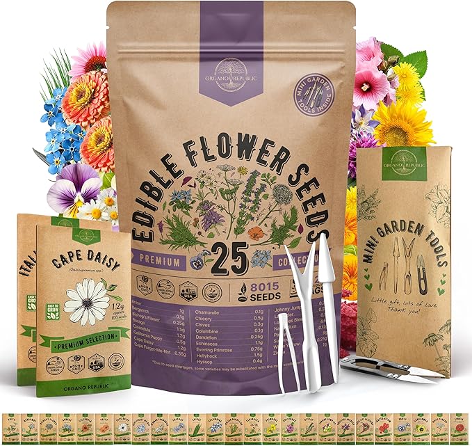 Organo Republic 25 Edible Flower Seeds Variety Pack for Indoor Outdoor Gardening - 8,000+ Non-GMO Heirloom Flower Seeds: Anise, Hyssop, Nasturtium, Pansy, Echinacea, Lavender, Chives & More