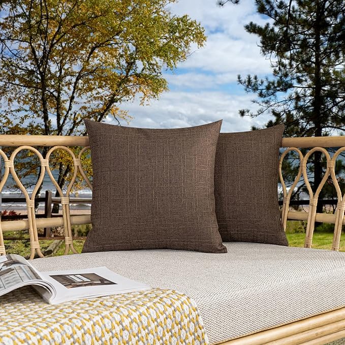 Kevin Textile Pack of 2 Decorative Outdoor Waterproof Pillow Covers Garden Checkered Cushion Sham Throw Pillowcase Shell for Patio Tent Couch 20x20 Inch Brown
