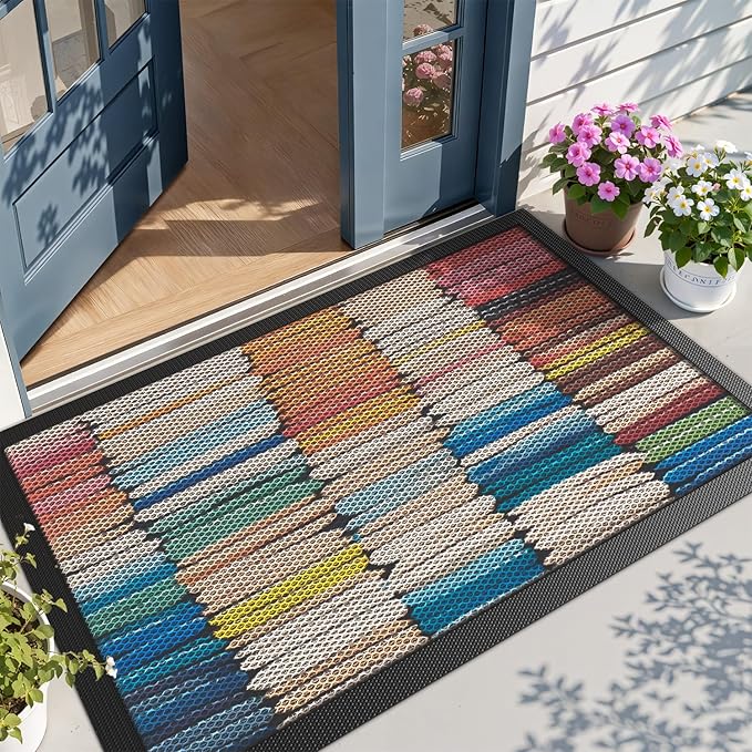LUMI Outside Door Mat 32x47, Non Slip Rubber Backing Doormat, Low Profile Easy Clean Entrance Mats for Front Back Door Entryway Porch Garage, Colored Cloth