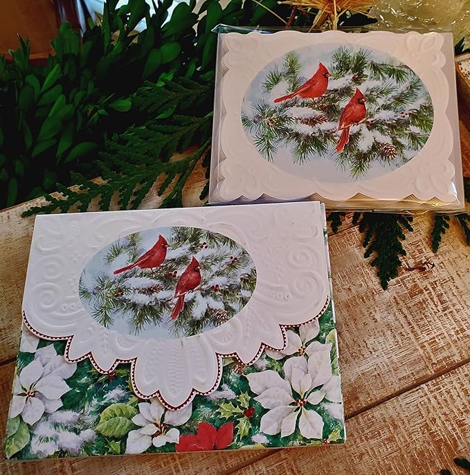Christmas Holiday Cardinal Birds Portfolio Boxed Note Cards by Carol Wilson. 10 embossed 4x5 Die-Cut Notecards and Matching Envelopes in Decorative Gift Box with Magnetic Flap. NCPX2020