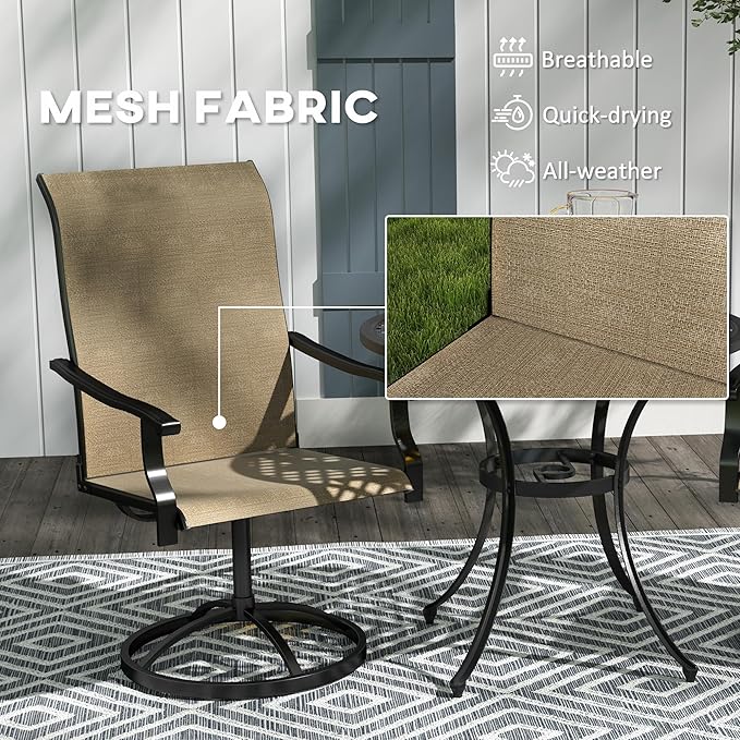 Outsunny Outdoor Patio Swivel Chairs Set of 2, High Back Patio Dining Chairs with All-Weather Mesh Fabric and Metal Frame for Backyard, Lawn, Porch or Garden, Brown