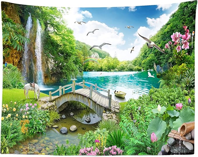 BELECO 9x6ft Fabric Picturesque Garden Backdrop Tropical Landscape Green Mountain Forest Trees Waterfall Lake Flowers Birds Horse River Bridge Fantasy Wonderland Background Wall Mural Photoshoot Props