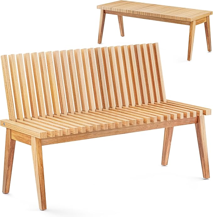 Melino Wooden Outdoor Slat Bench, 2 in 1 Convertible Bench to Table, Acacia Solid Wood Construction for Patio, Garden and Entryway, 47 Inch