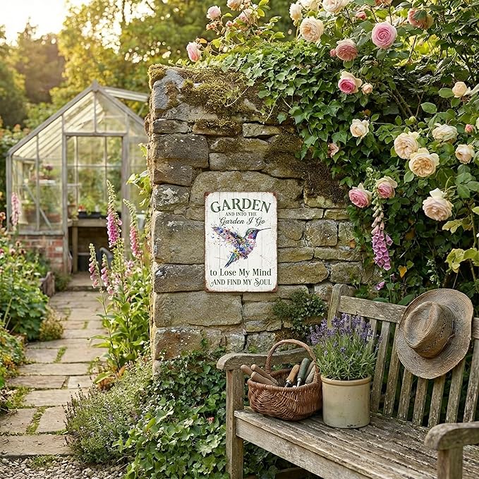 Vintage Hummingbird Garden Tin Sign - "Into The Garden I Go" Inspirational Quote - 8x12 Aluminum Floral Bird Wall Art - Rustic Farmhouse Patio Decor - Metal Sign Perfect Gardening Gift for Shed, Mom, Grandma