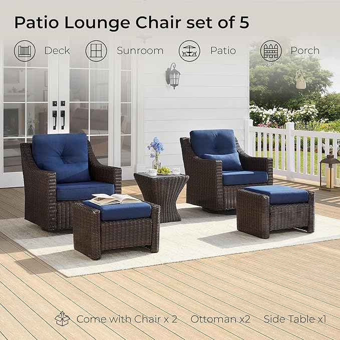 CHITA 5 Pieces Swivel Wicker Patio Furniture Set, Outdoor Conversation Set with 2 Pieces Rattan Rocking Swivel Chairs, 2 Pieces Ottomans, Thickened Cushions and Side Table