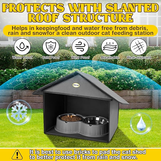Dreyoo Outdoor Cat Feeding Station for Food & Water, Weatherproof Outdoor Kitty Dining Room Cat Shelter for Stray, Feral Cats and Community Cats, 13”d x 17”w x 15.5'h (Dark Grey)