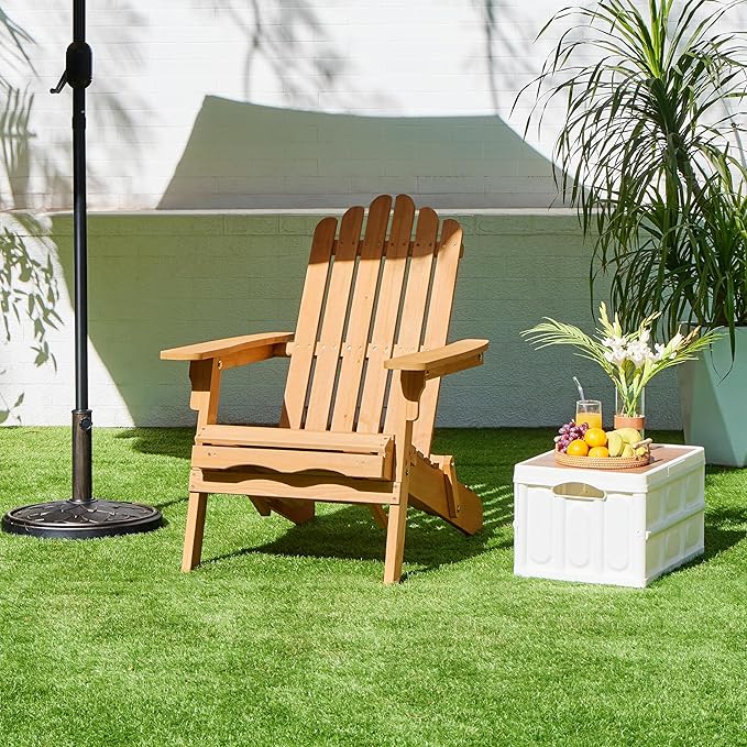 Yaheetech Folding Adirondack Chair with Retractable Ottoman Weight Capacity 300lb Solid Wood Garden Chair, Fire Pit Lounge Chairs Weather Resistant Furniture for Garden/Yard/Patio/Lawn, Brown