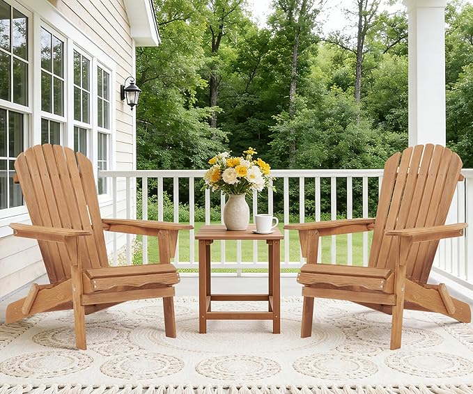 Wooden Folding Adirondack Chair Set of 2, Half Pre-Assembled Wood Lounge Chair for Outdoor Patio Garden Lawn Backyard Deck Pool Beach Firepit Light Brown