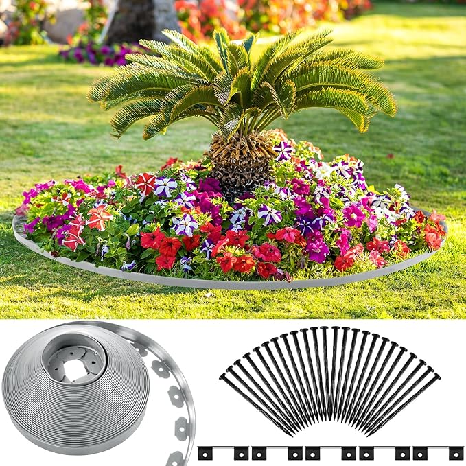 Sasylvia 2'' x 200' Landscape Edging Kit Edging Border Coil Include 120 Anchoring Spikes 10 Connectors Plastic Garden Border for Lawn Garden Grass Yard Home(Gray)