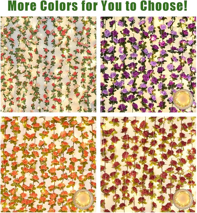 BLEUM CADE 12Pcs 98.4Ft Flower Garland Artificial Rose Vines with 98.4Ft String Lights, Cute Fake Hanging Flower Vines Floral Garland Decorations for Wedding Party Wall Room Decor Aesthetic